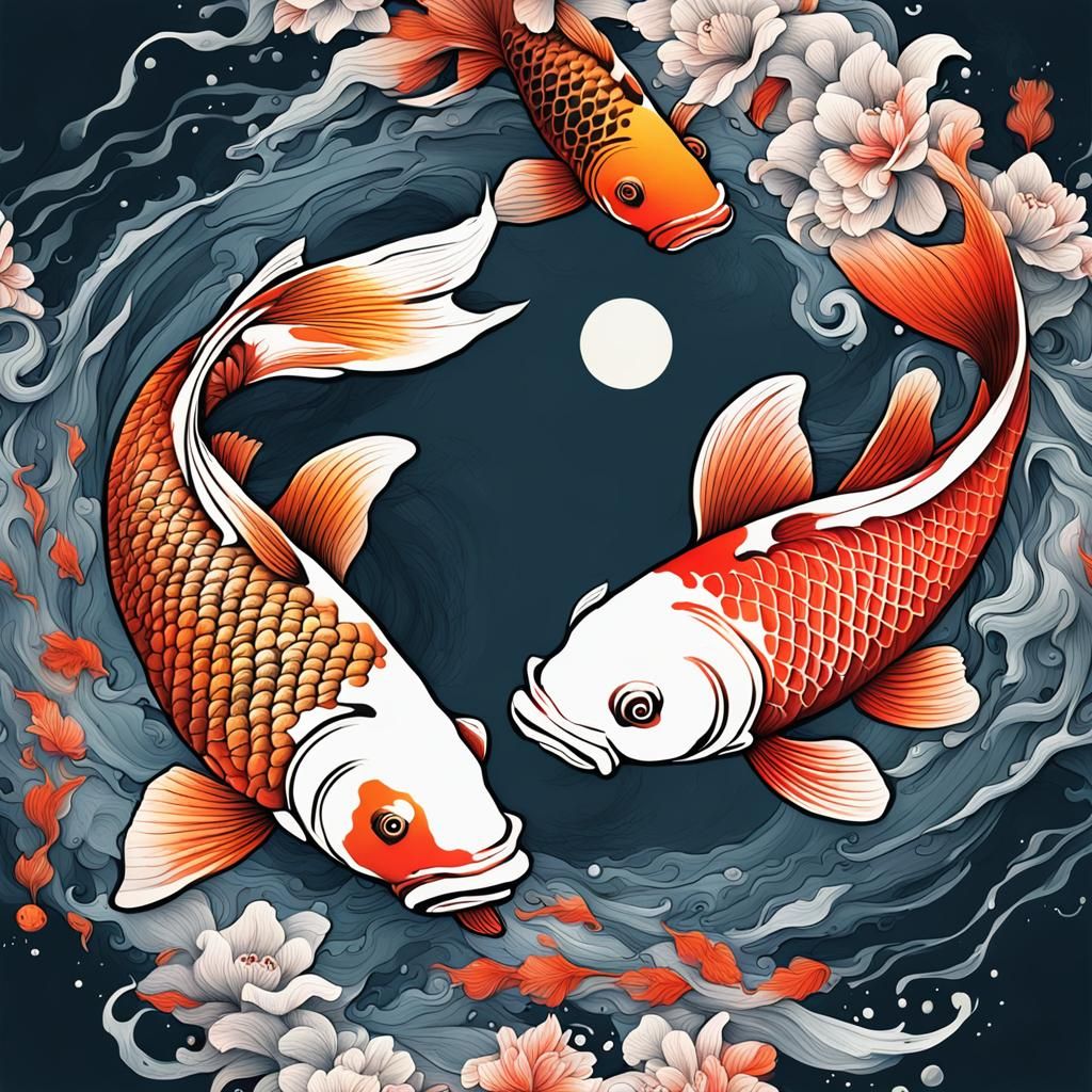 Yin Yang Koi Fish in Japanese Ink Style