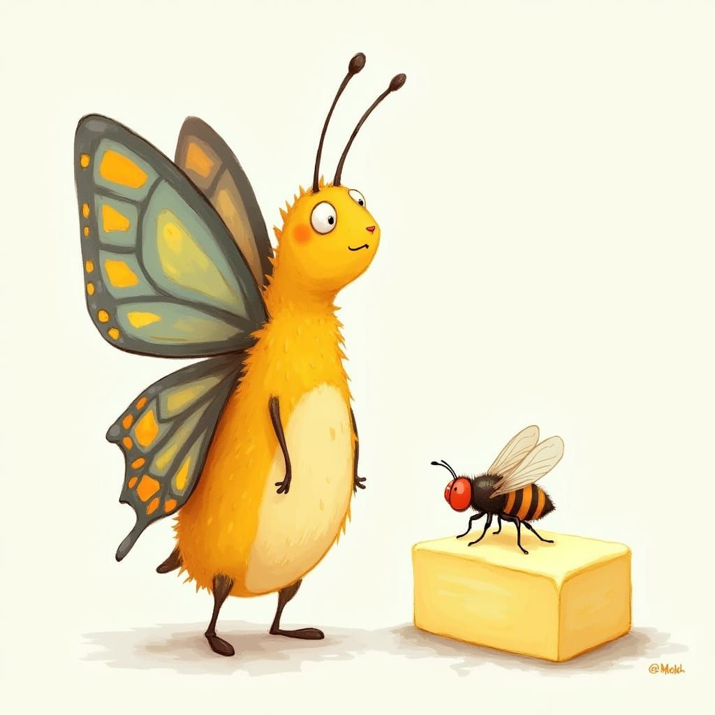 Confused Cartoon Butterfly with Fly on Butter