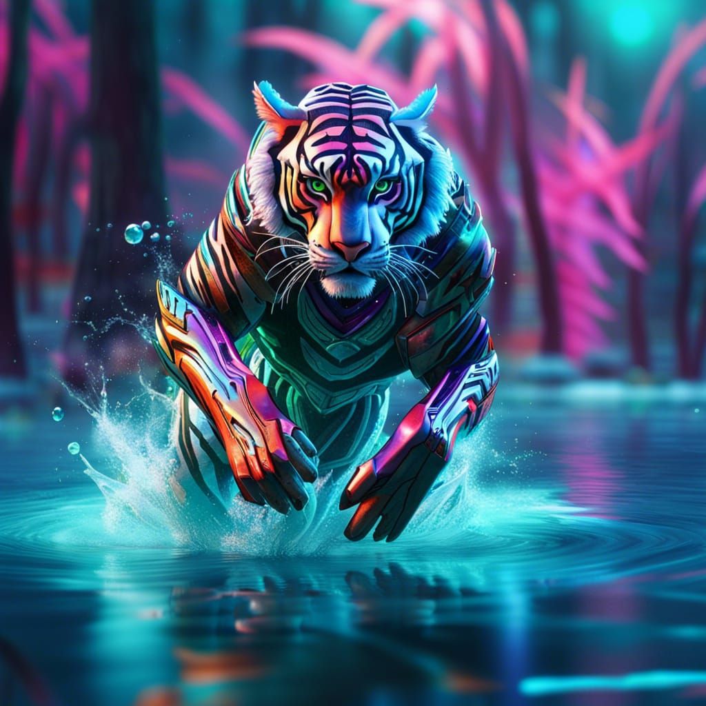 Cyberpunk Tiger Warrior in Neon Forest
