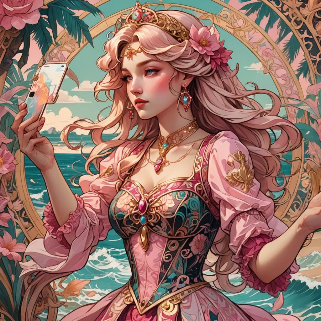 Alphonse Mucha illustration style. Close-up shot. Princess Peach in a gothic pink and fuchsia dress, showcasing toned ab...