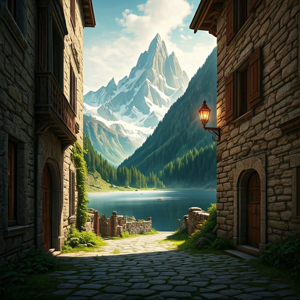 Ancient Houses Amidst the Swiss Alps in a Mystical, Matte Pa...