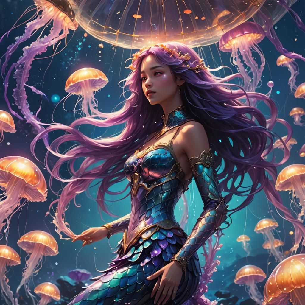 Armored Mermaid Gazing at Luminous Jellyfish: Digital Painti...