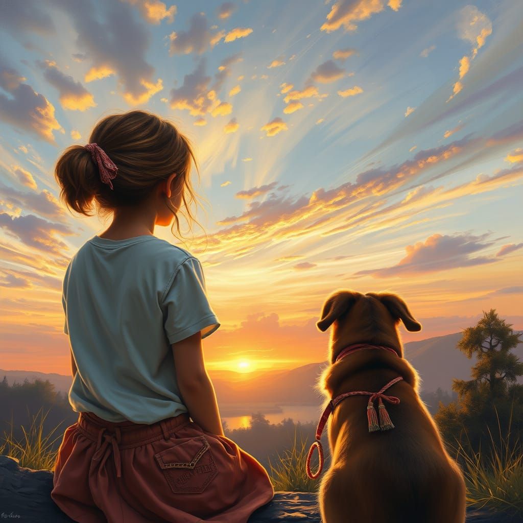 Girl and Dog Watch Sunset as Oil Painting