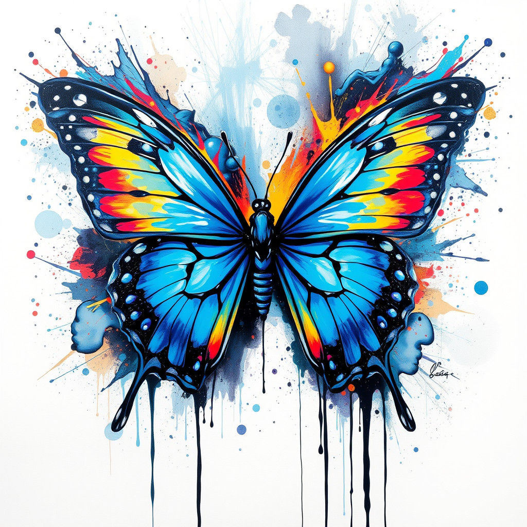 Blue Fire Butterfly in Graffiti Splash Art
