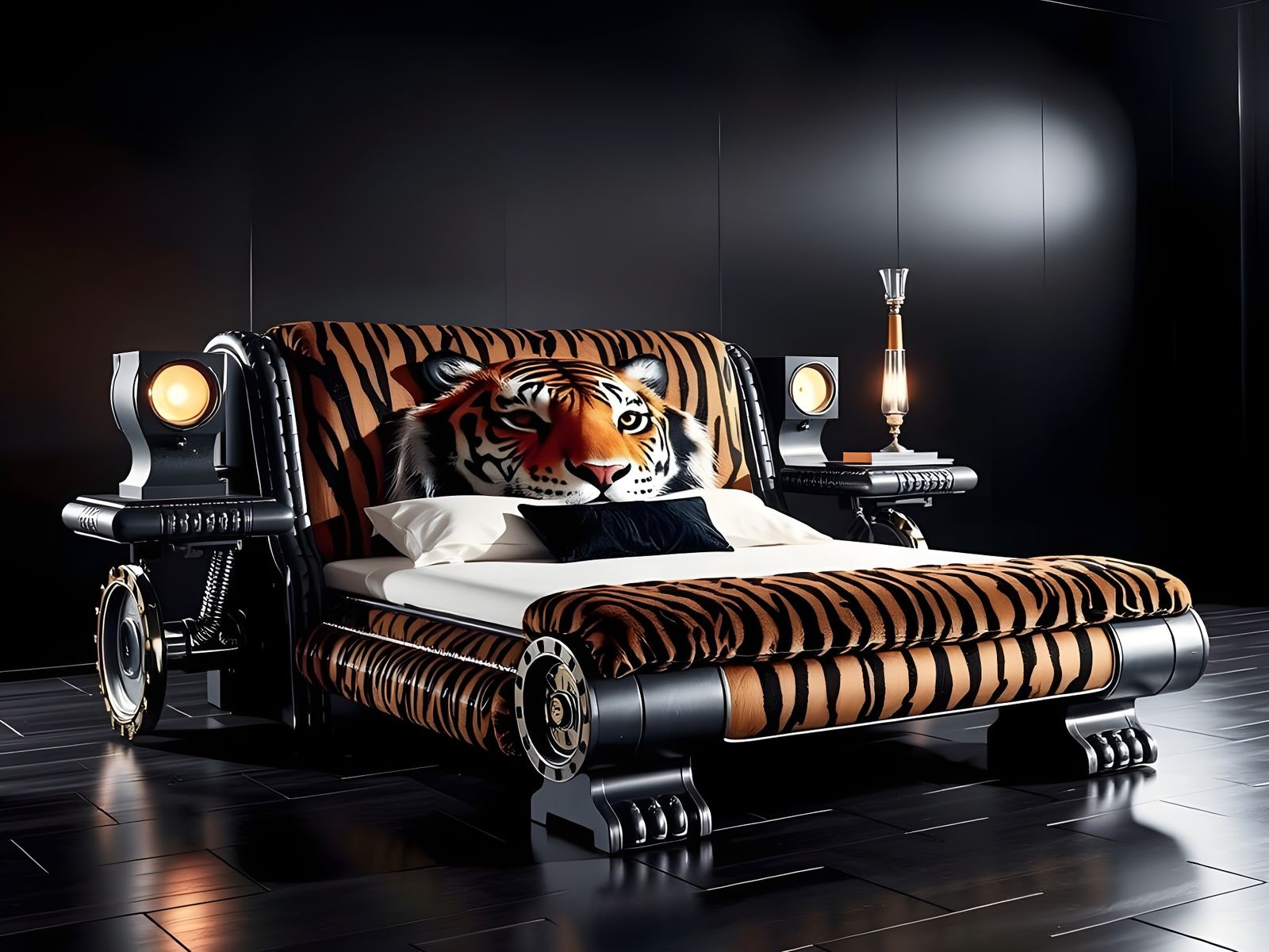 Steampunk Tiger Print Bed in Dark Modern Living Room