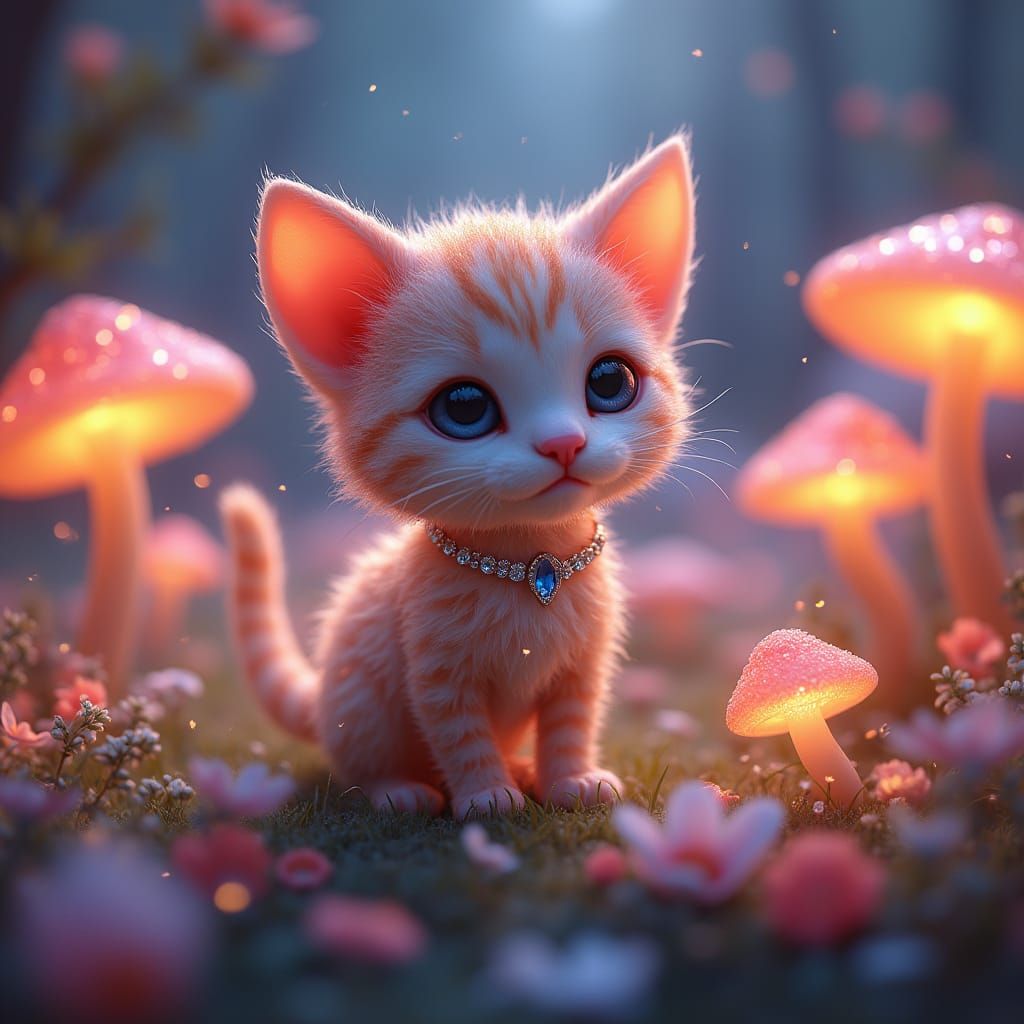 Crystal Kitten in Magical Mushroom Garden