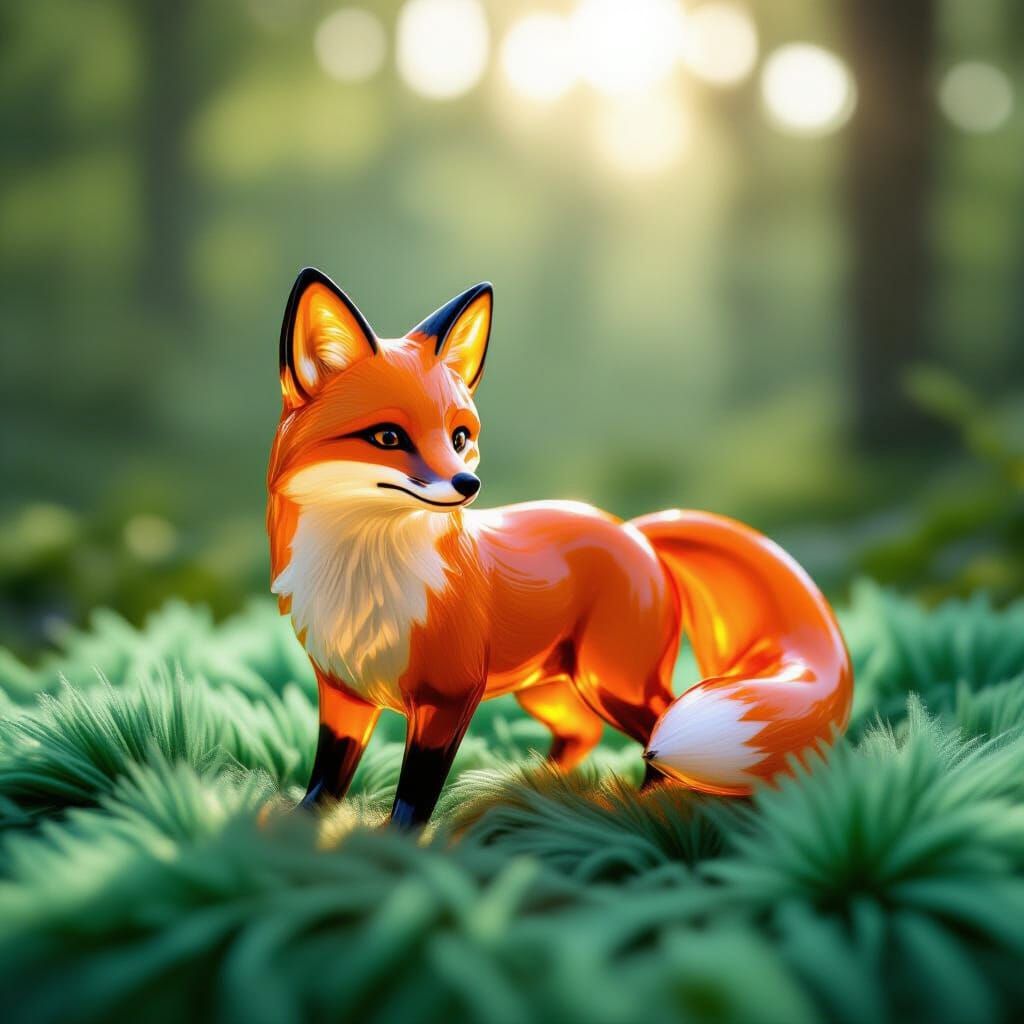 Transparent Glass Fox on Sparkly Green Fur