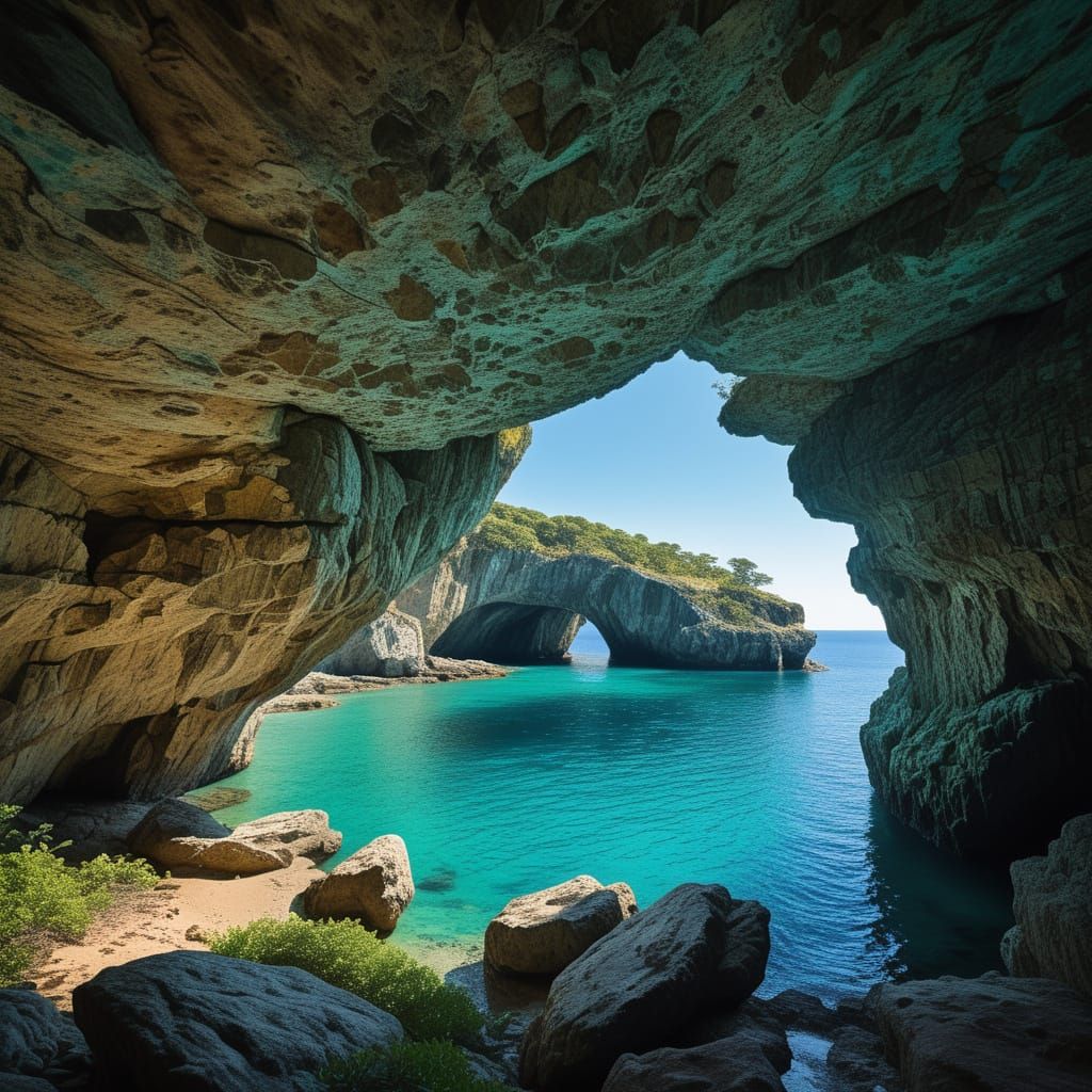 Coastal Cave Serenity: Lush Foliage Meets Turquoise Waters