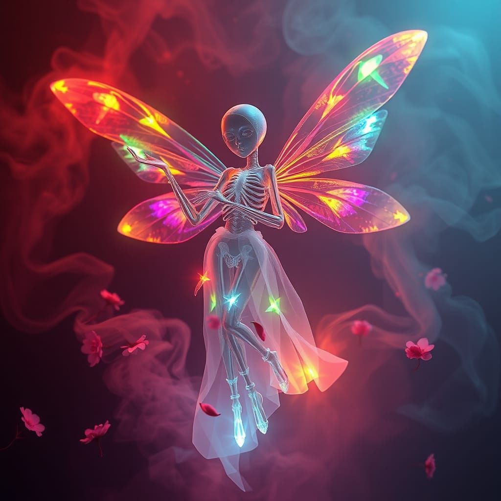 Bioluminescent Crystal Fairy in Ethereal Neon Landscape