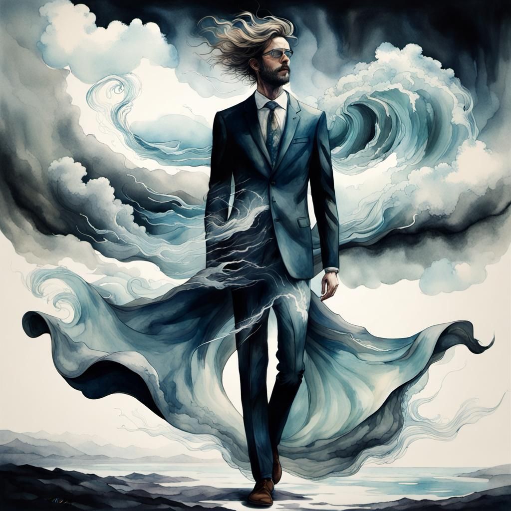 Surreal Transparent Man Bends in Storm, Watercolor and Ink