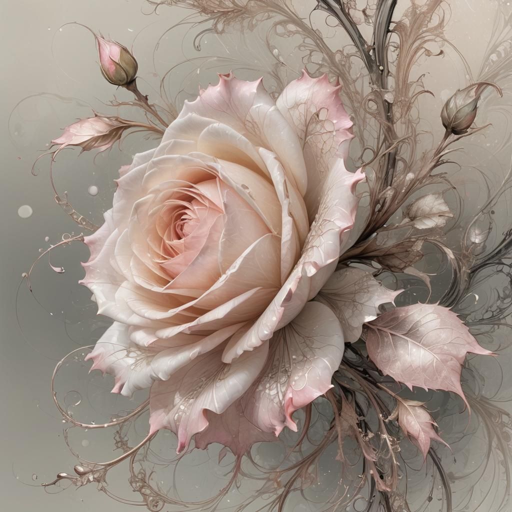 Filigree Fractal Rosebud in Pastel Ink