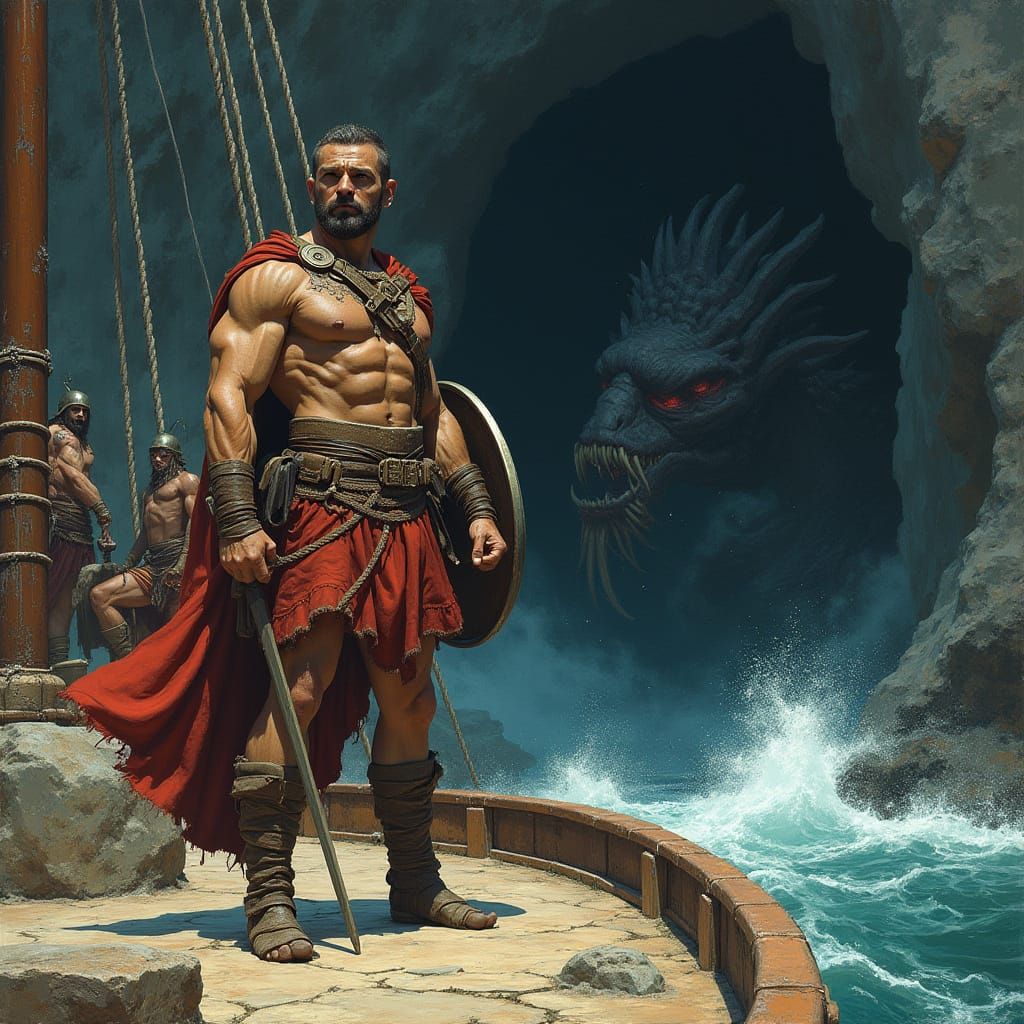 Greek Explorer Battles Hydra in Dark Cave