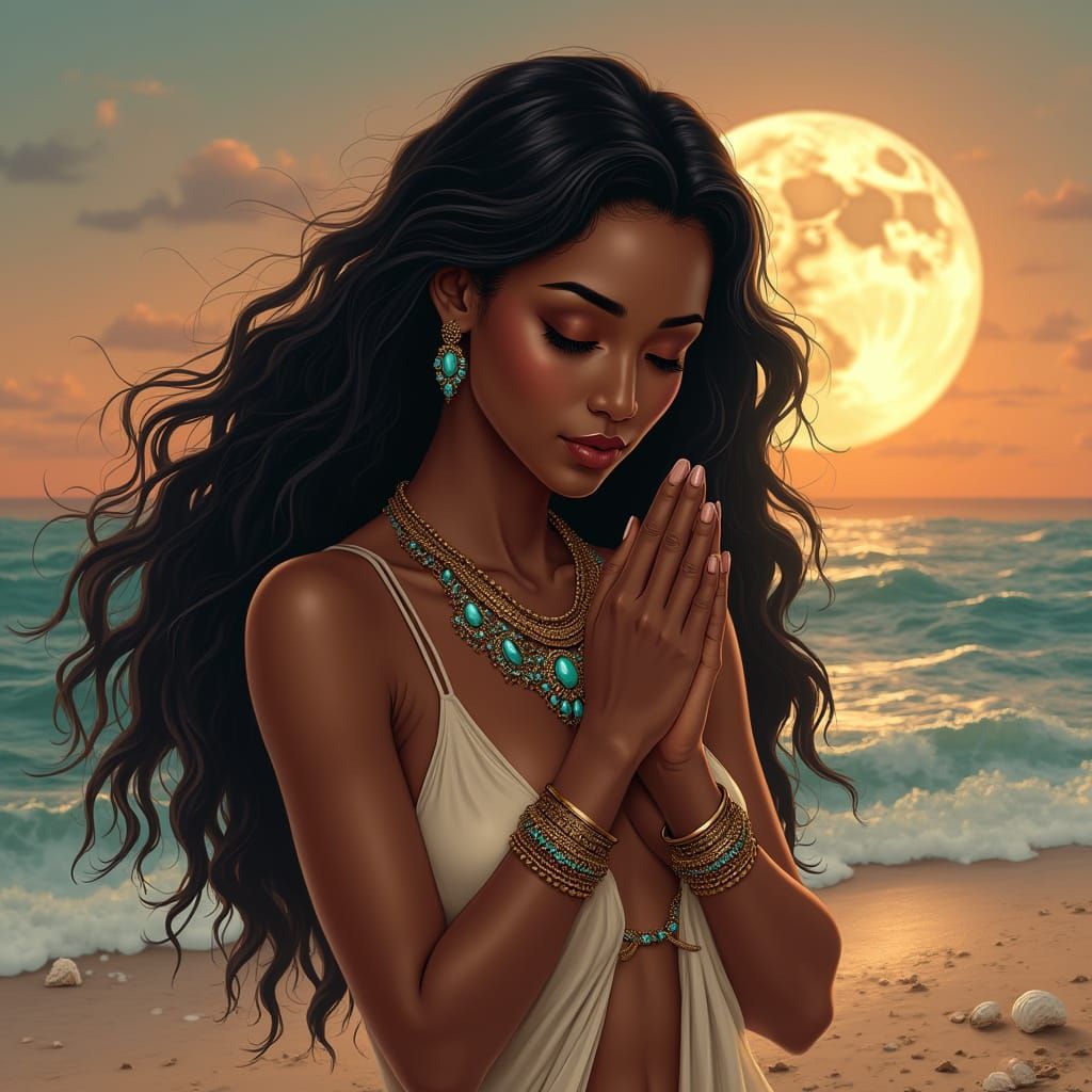 Woman Praying at Sunset, Digital Art
