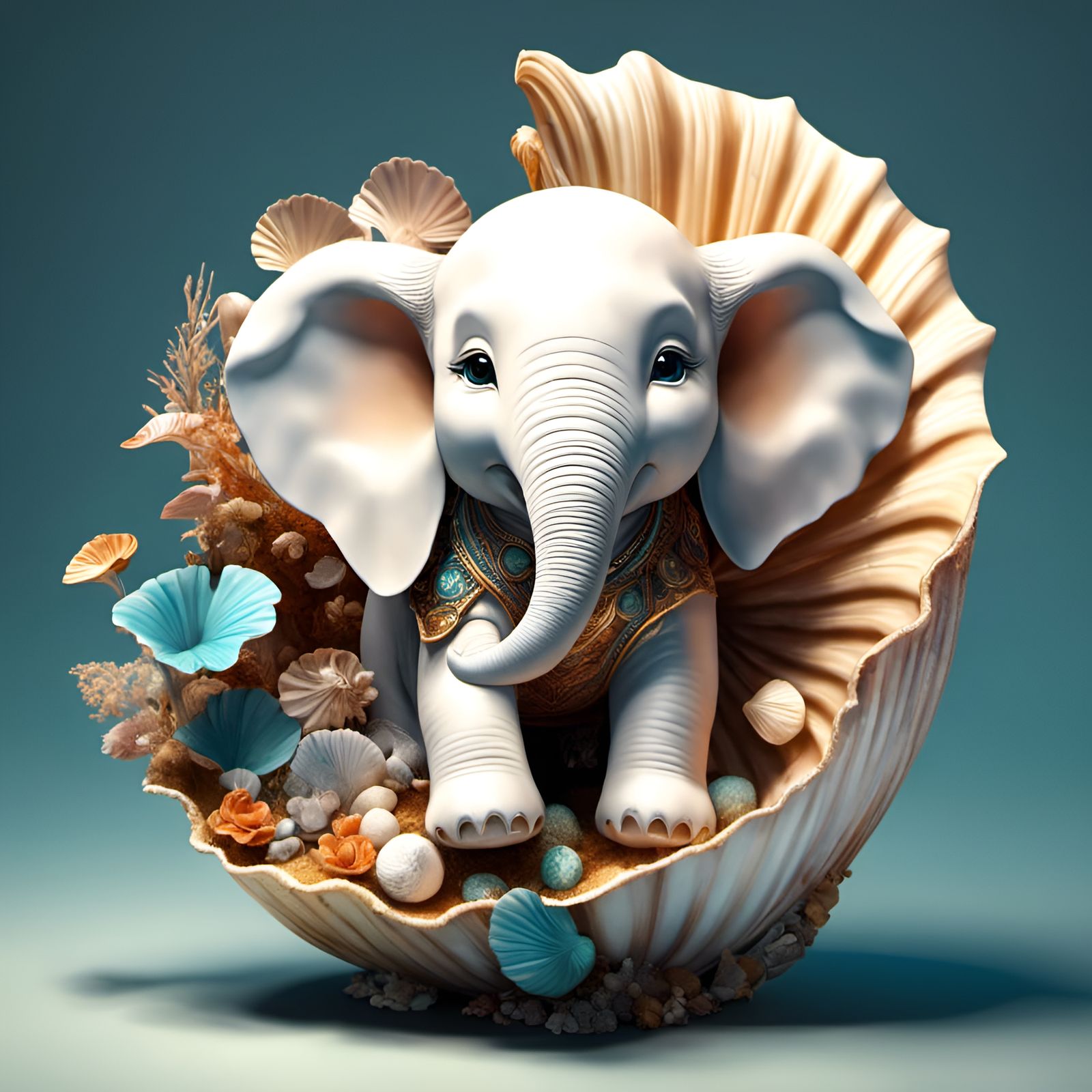 Chibi Elephant in Seashell, Digital Art