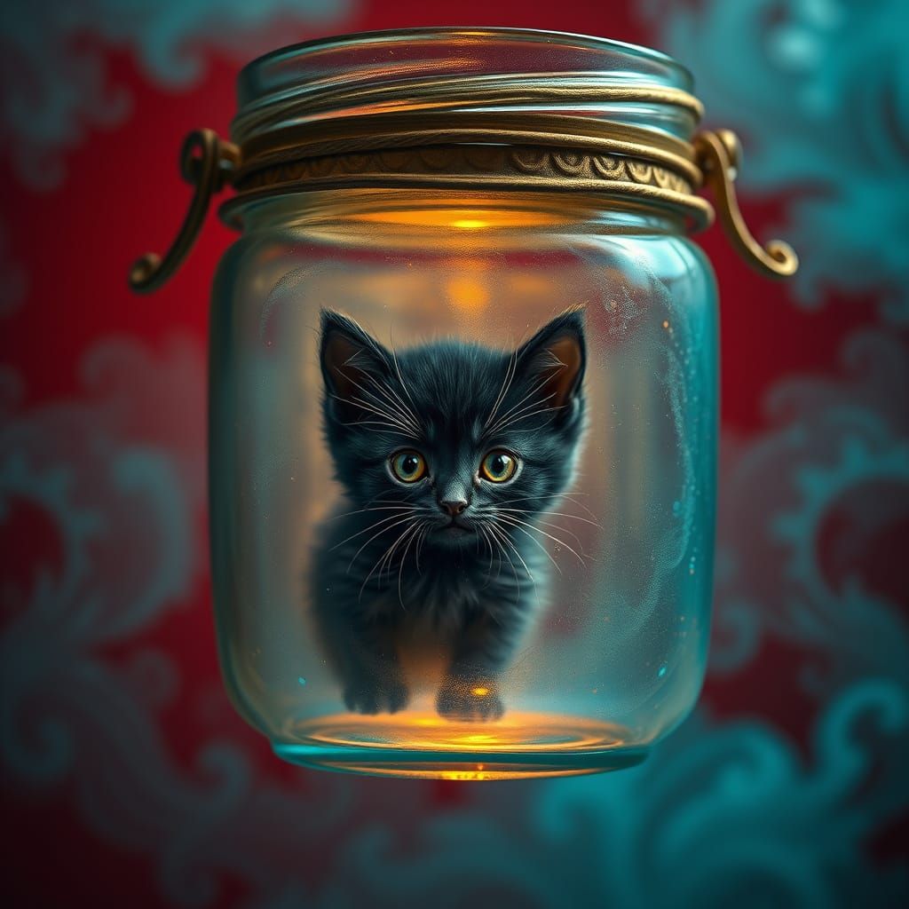 Whimsical Black Kitten in Antique Jam Jar