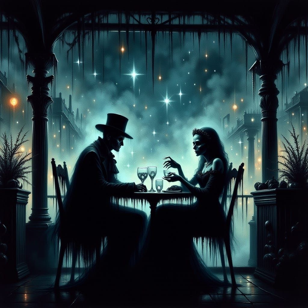 Ghostly Couple at Paris Cafe: Ethereal Digital Painting