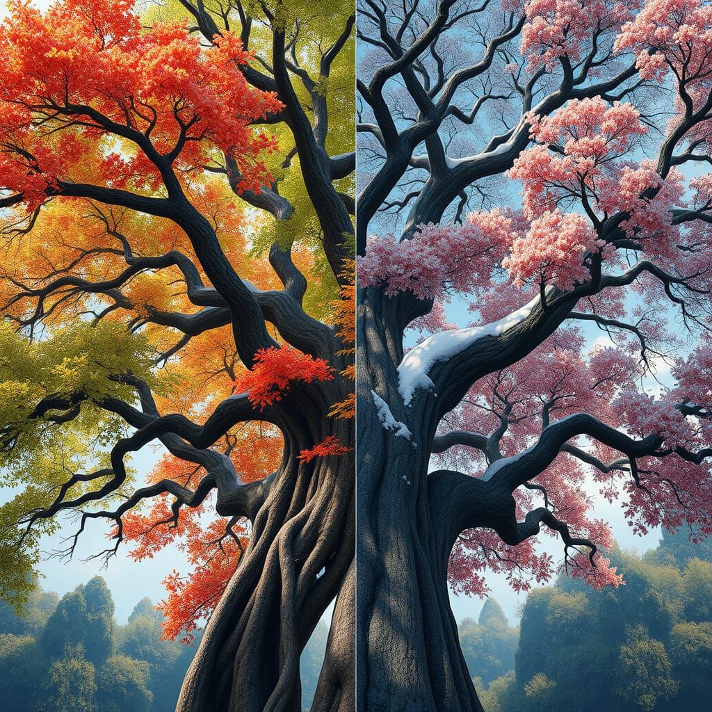 Majestic Tree of the Four Seasons in a Fantastical World