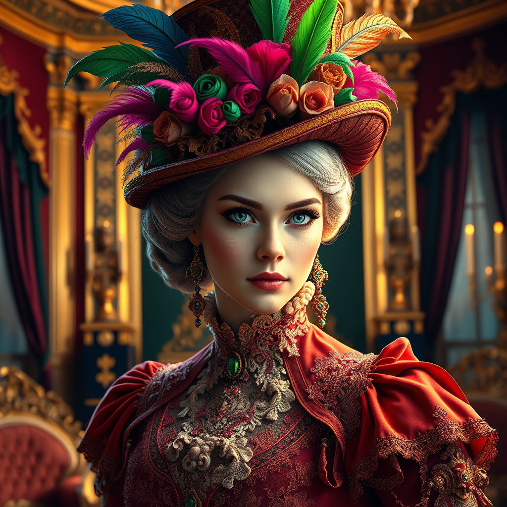 Victorian Lady with Feathered Hat, Hyper-Realistic Art
