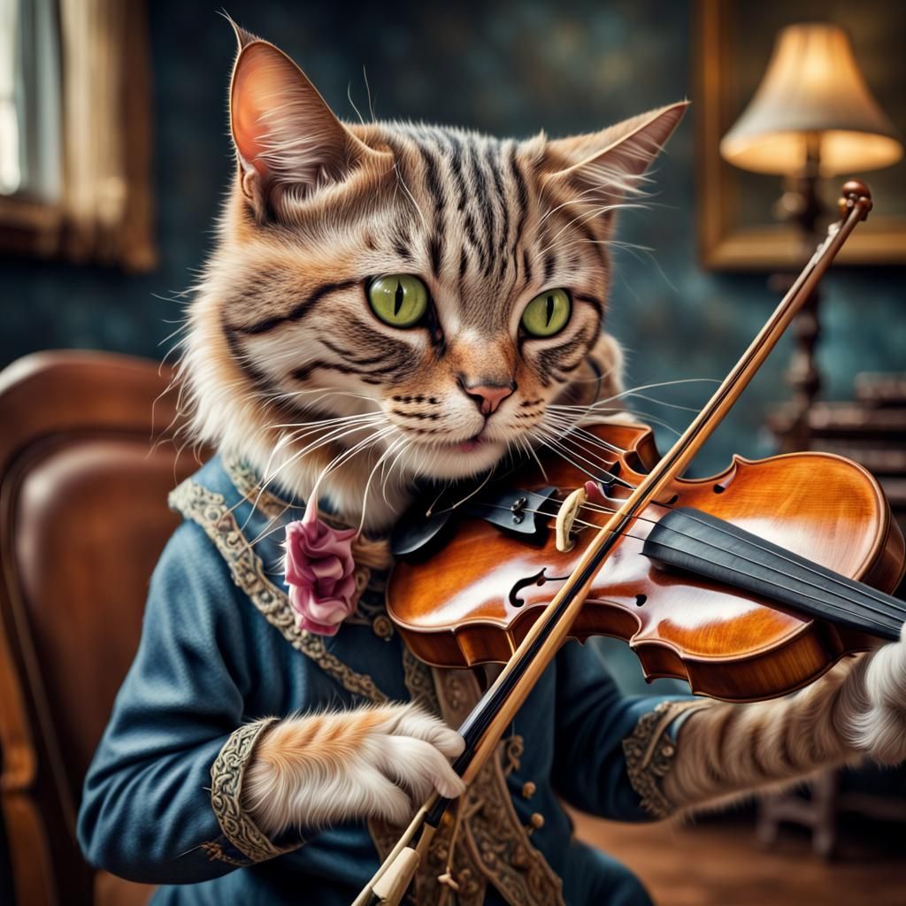 Hyperrealistic Cat Playing Fiddle in Whimsical Portrait