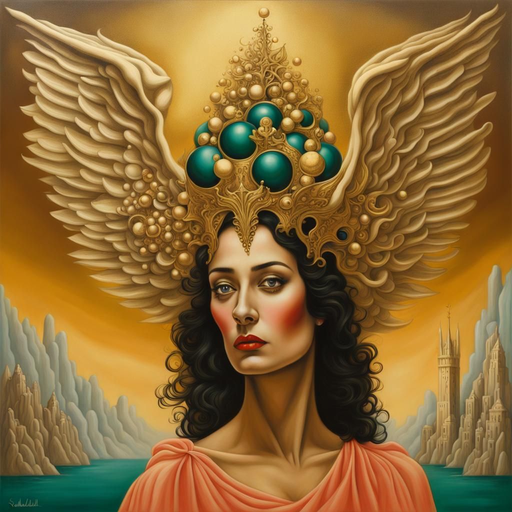 Ethereal Spanish Woman with Golden Crown, Surrealist Paintin...