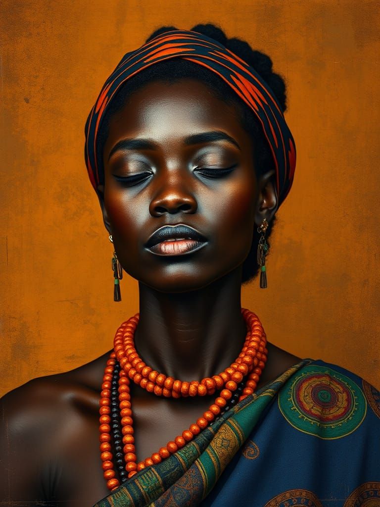 Introspective African Woman Portrait with Mixed Media Textur...