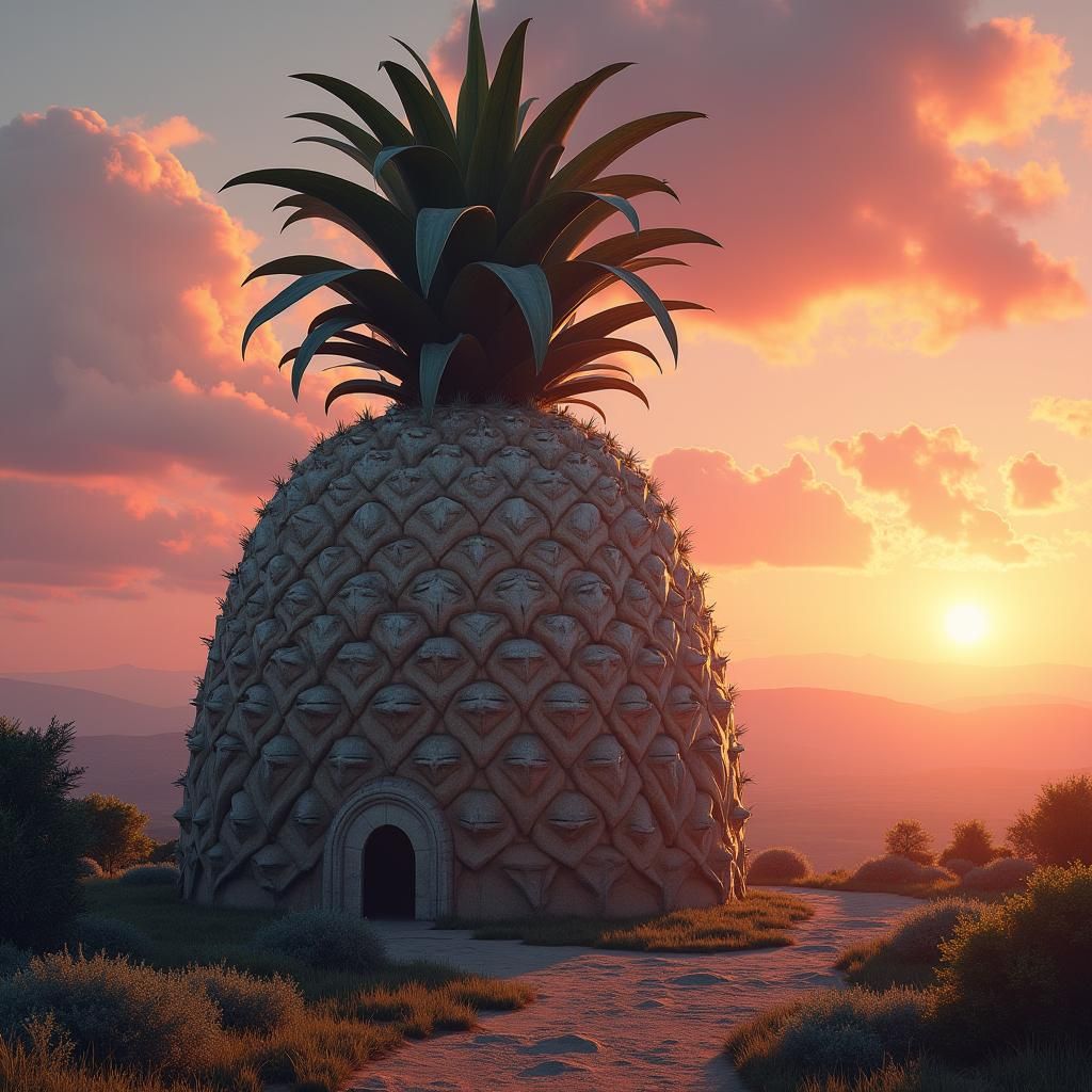 Surreal Pineapple Building at Sunset, Digital Matte Painting