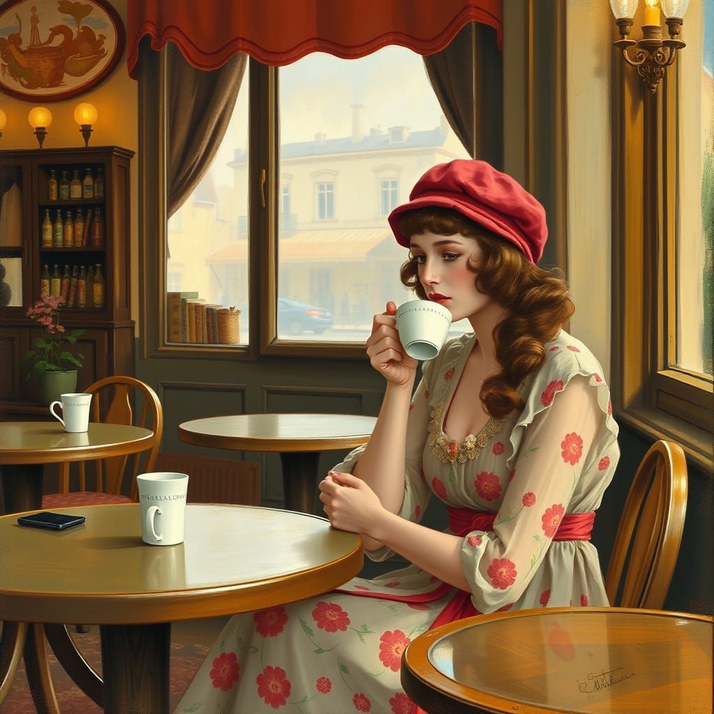French Woman Sipping Coffee in Parisian Cafe