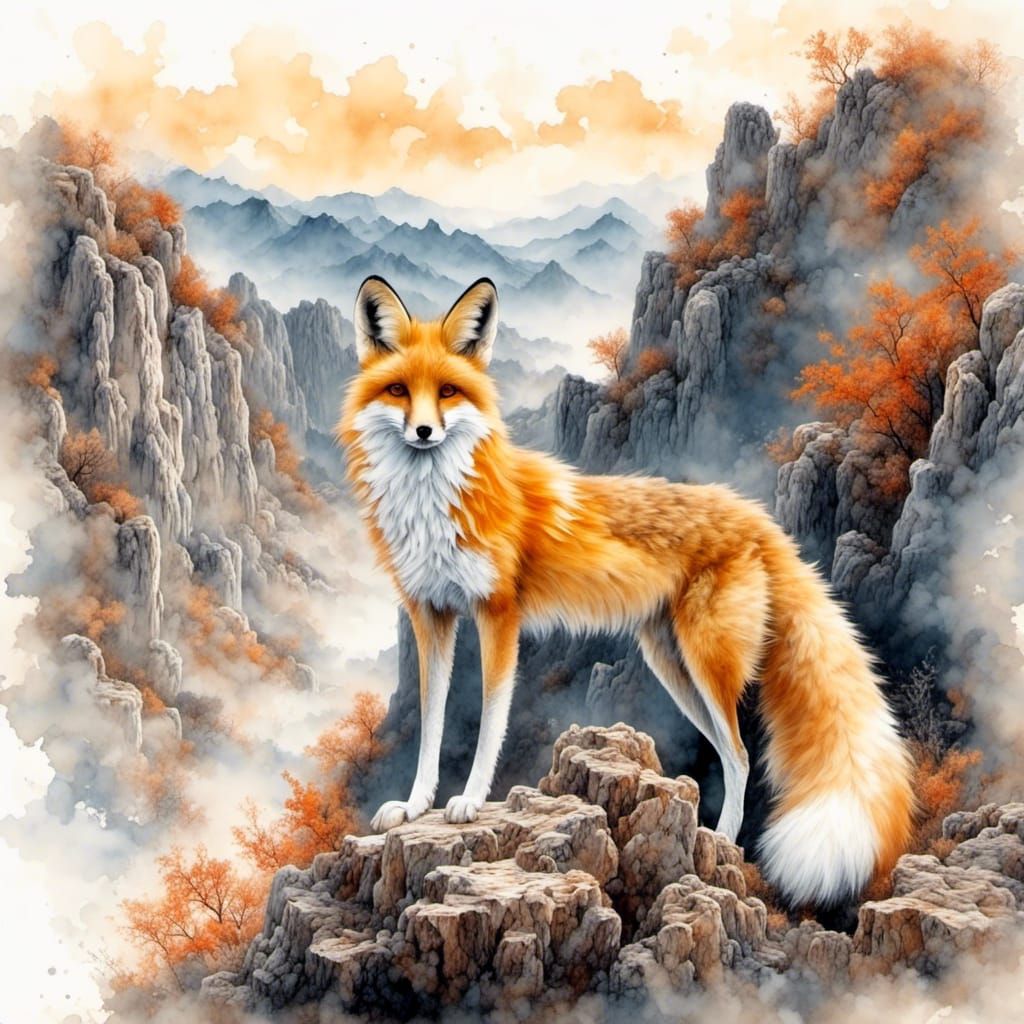 Nine-Tailed Fox Overlooking Canyon in Watercolor Style
