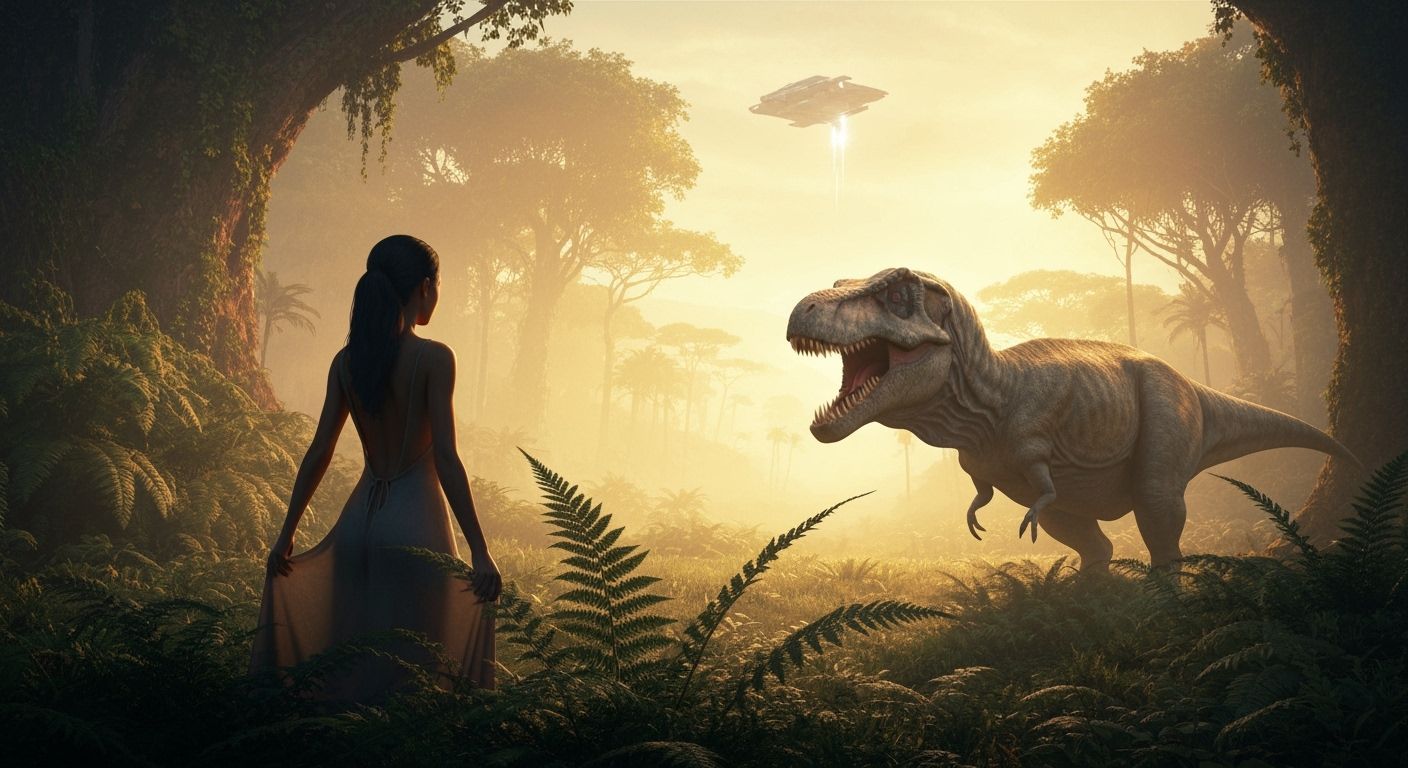 Woman Observes T-Rex in Prehistoric Jungle
