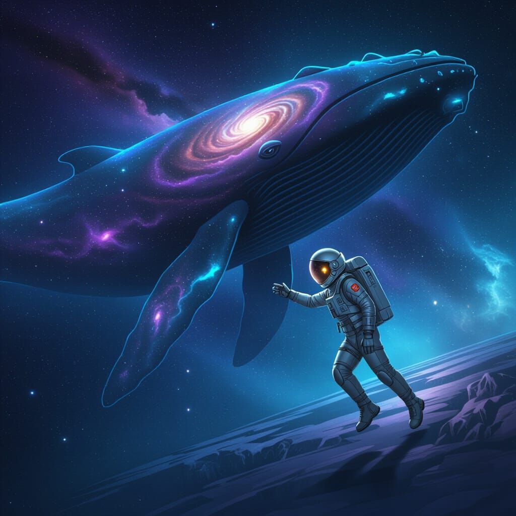 Astronaut Meets Giant Space Whale in Cosmic Ocean