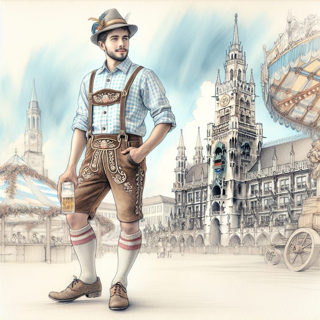 Young Man in Bavarian Attire, Watercolor and Ink