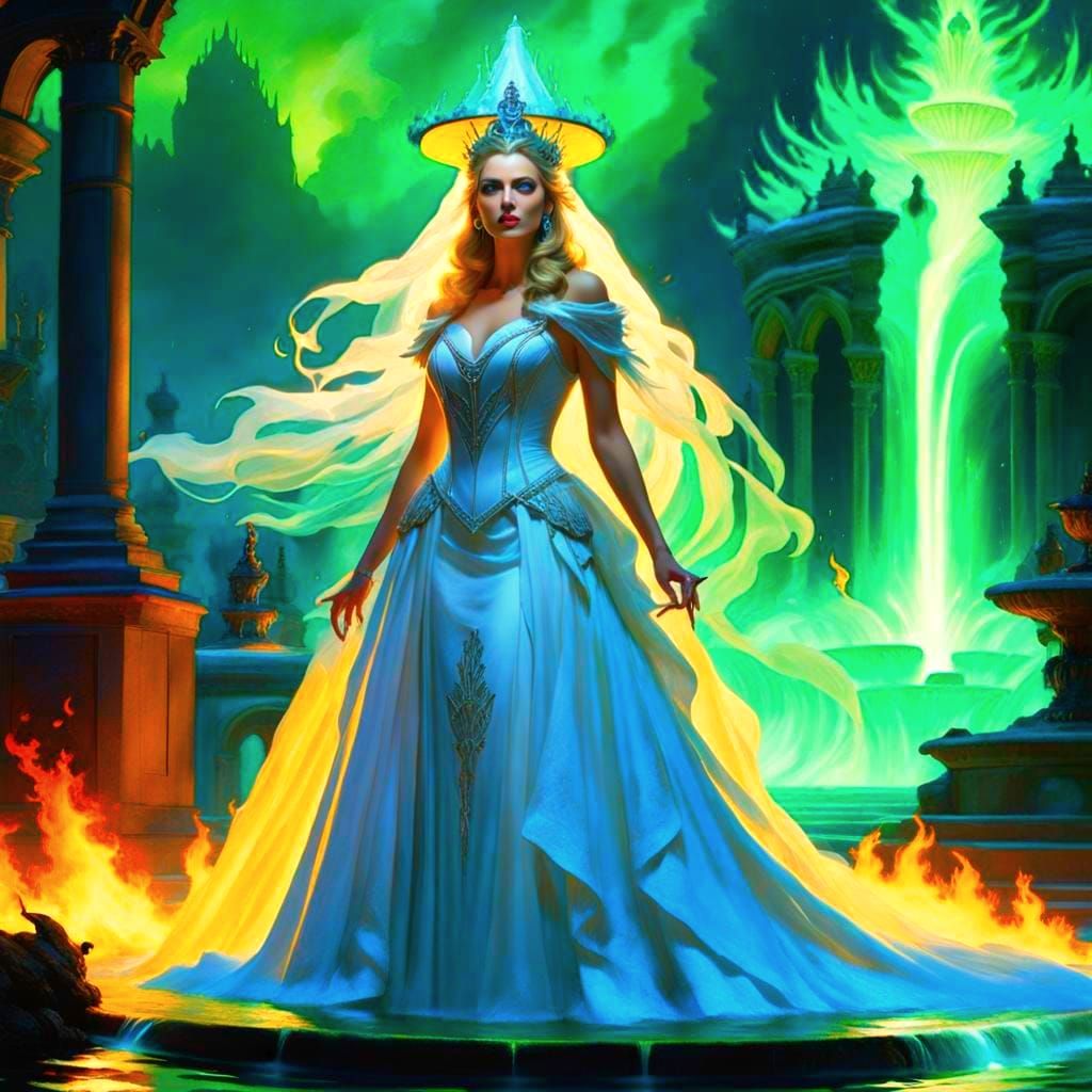 Bioluminescent Bride Casting a Spell in a Fountain