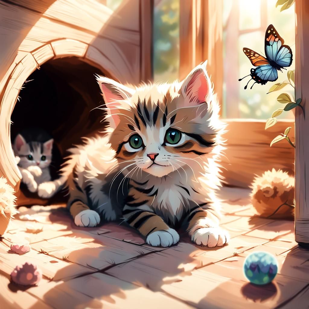 Kitten's Butterfly Chase: Anime Art in Cozy Den