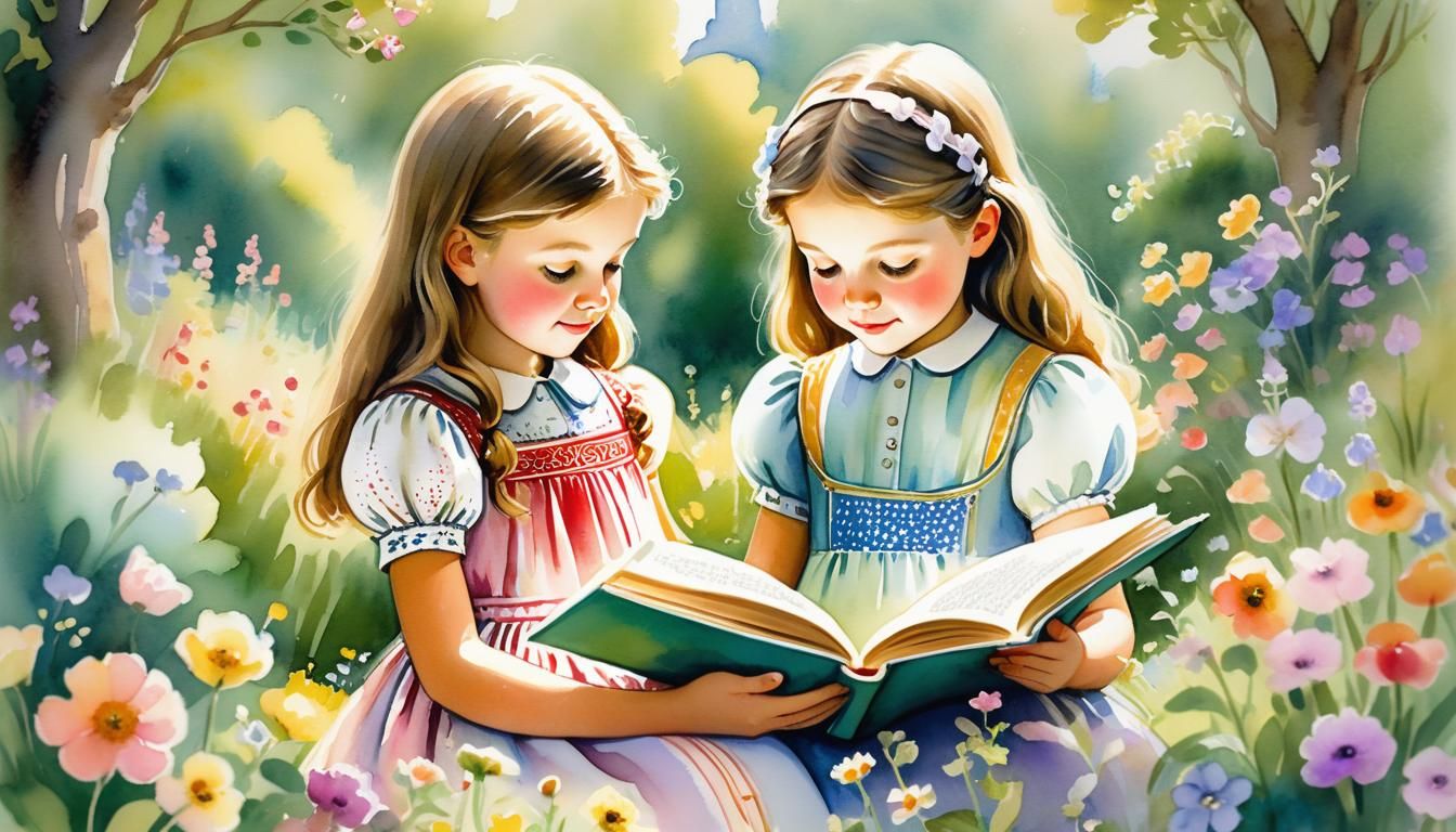 Girl Reading in Garden: Watercolour Nursery Rhyme Art