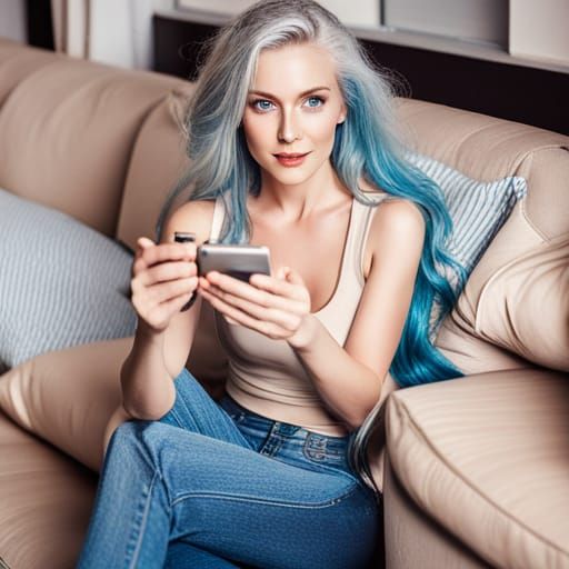 Smiling Blue-Haired Girl with Smartphone on Couch