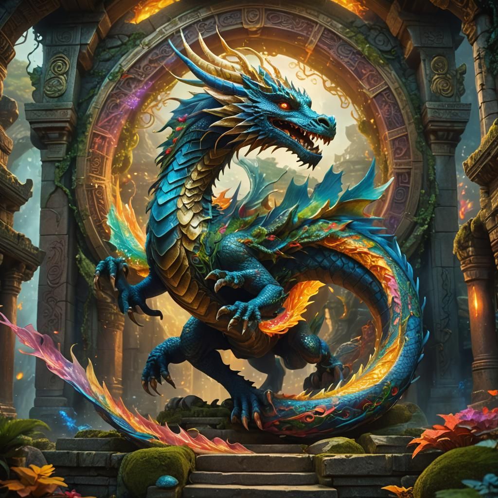 Majestic Dragon Soaring Through Mystical Temple