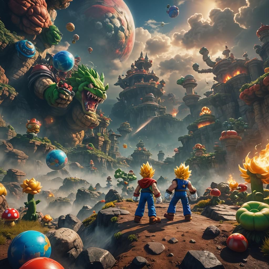 Super Saiyan Mario on Alien Planet, Detailed Digital Art