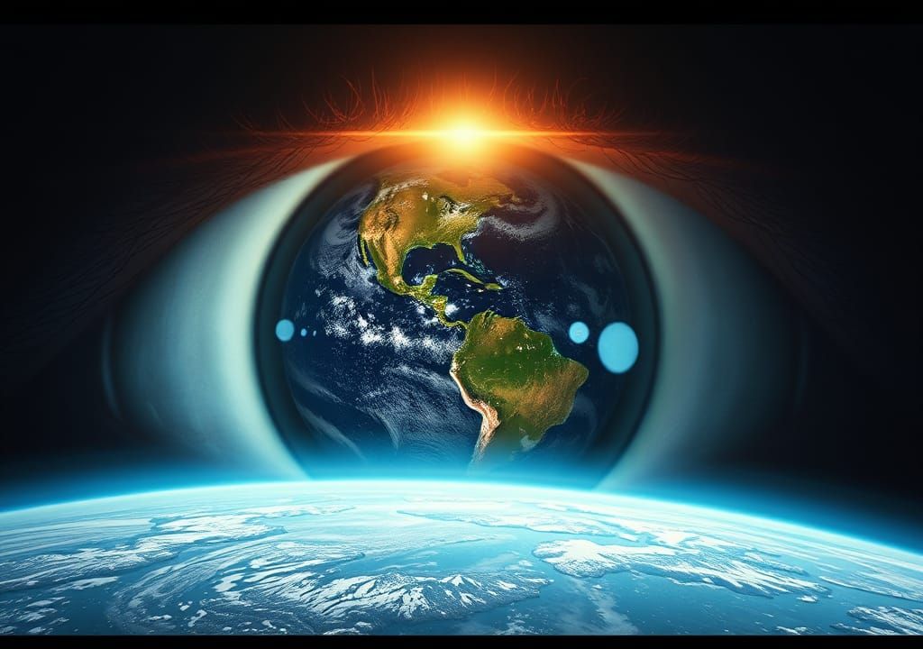 Cosmic Eye Reflecting Earth: Cinematic Film Still