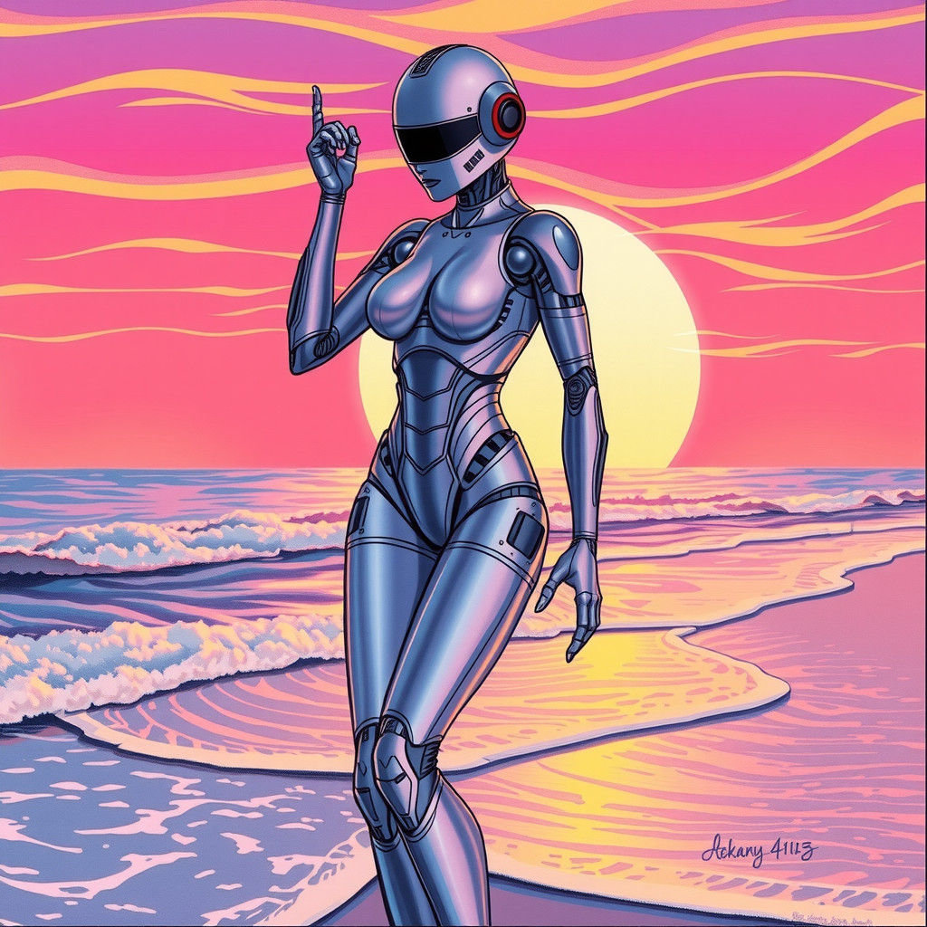 Retro-Futuristic Robotic Woman on Beach at Sunset