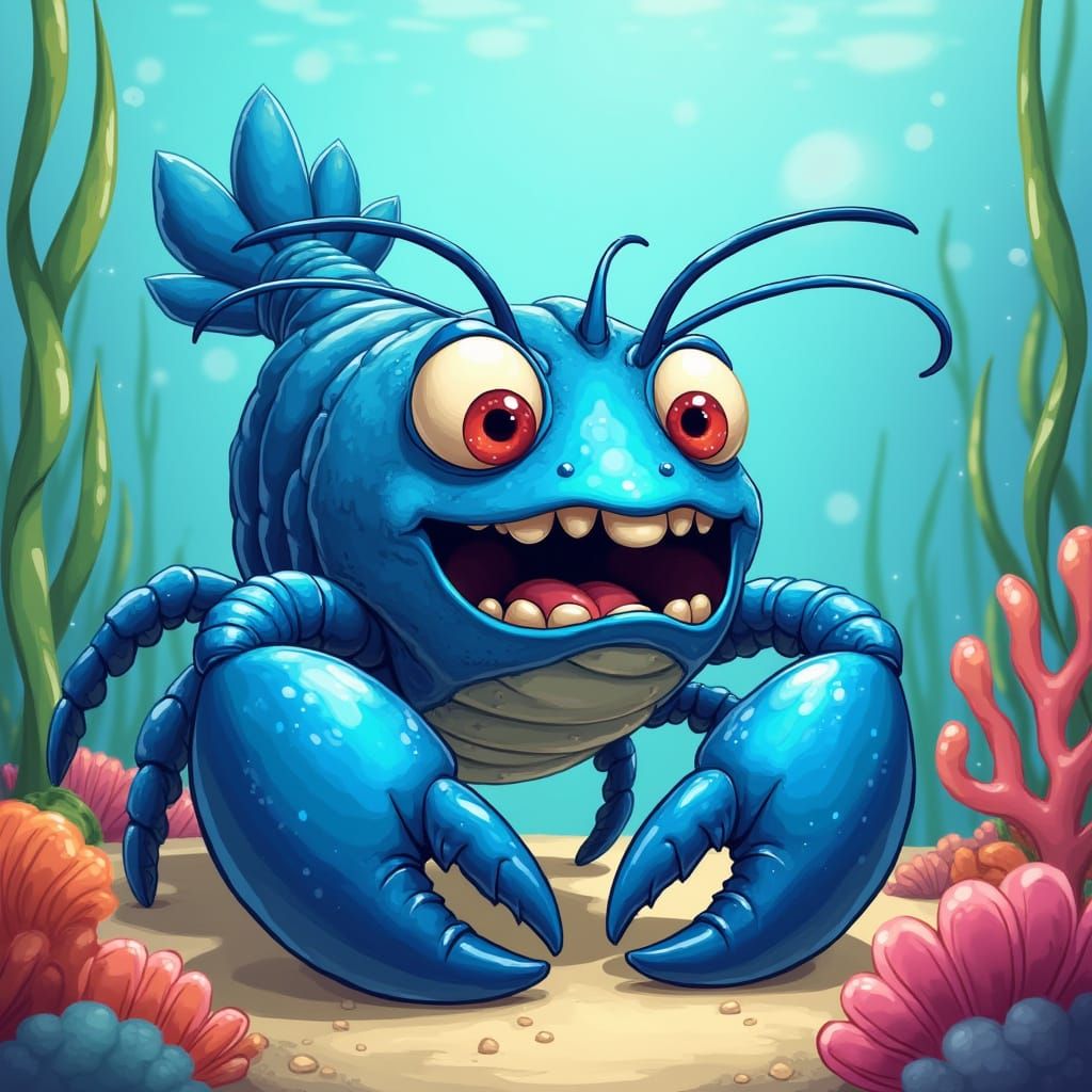 Vibrant Blue Lobster in Whimsical Underwater Scene