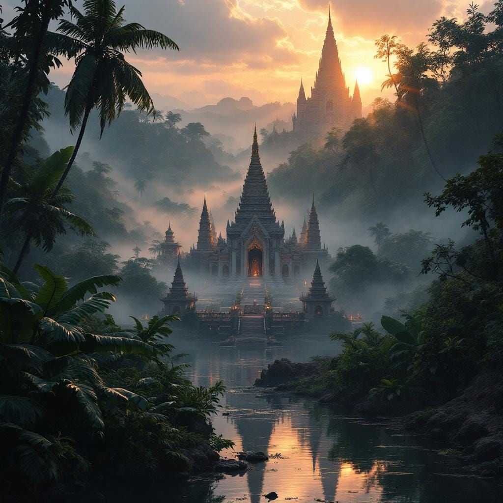 Thai Wat in Jungle at Golden Hour