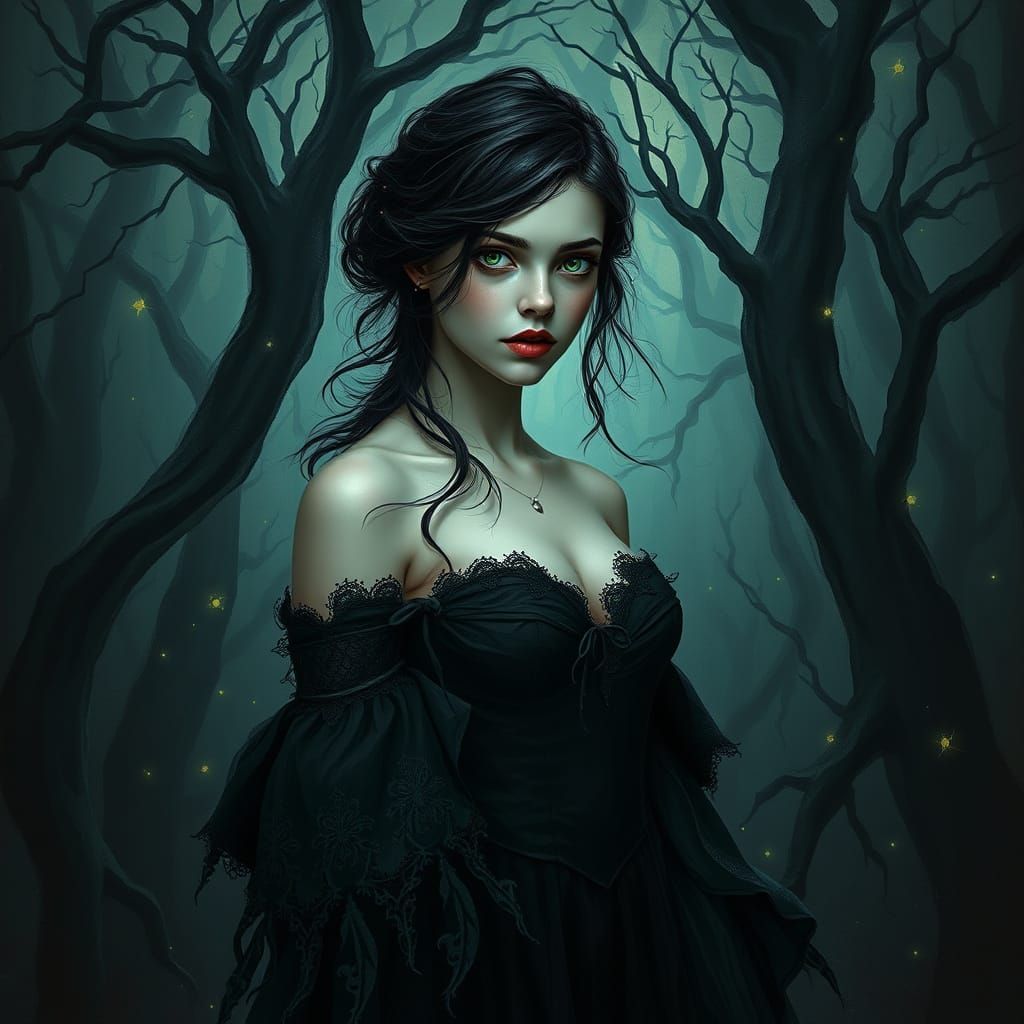 Ethereal Vampire Maiden in Mystical Forest