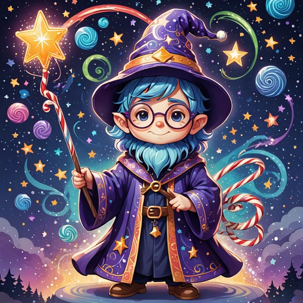 Chibi Wizard with Magical Staff in Starry Sky