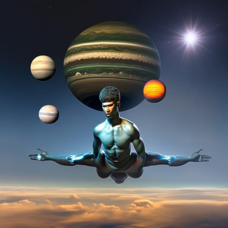 Giant Green Humanoid Surrounded by Planets