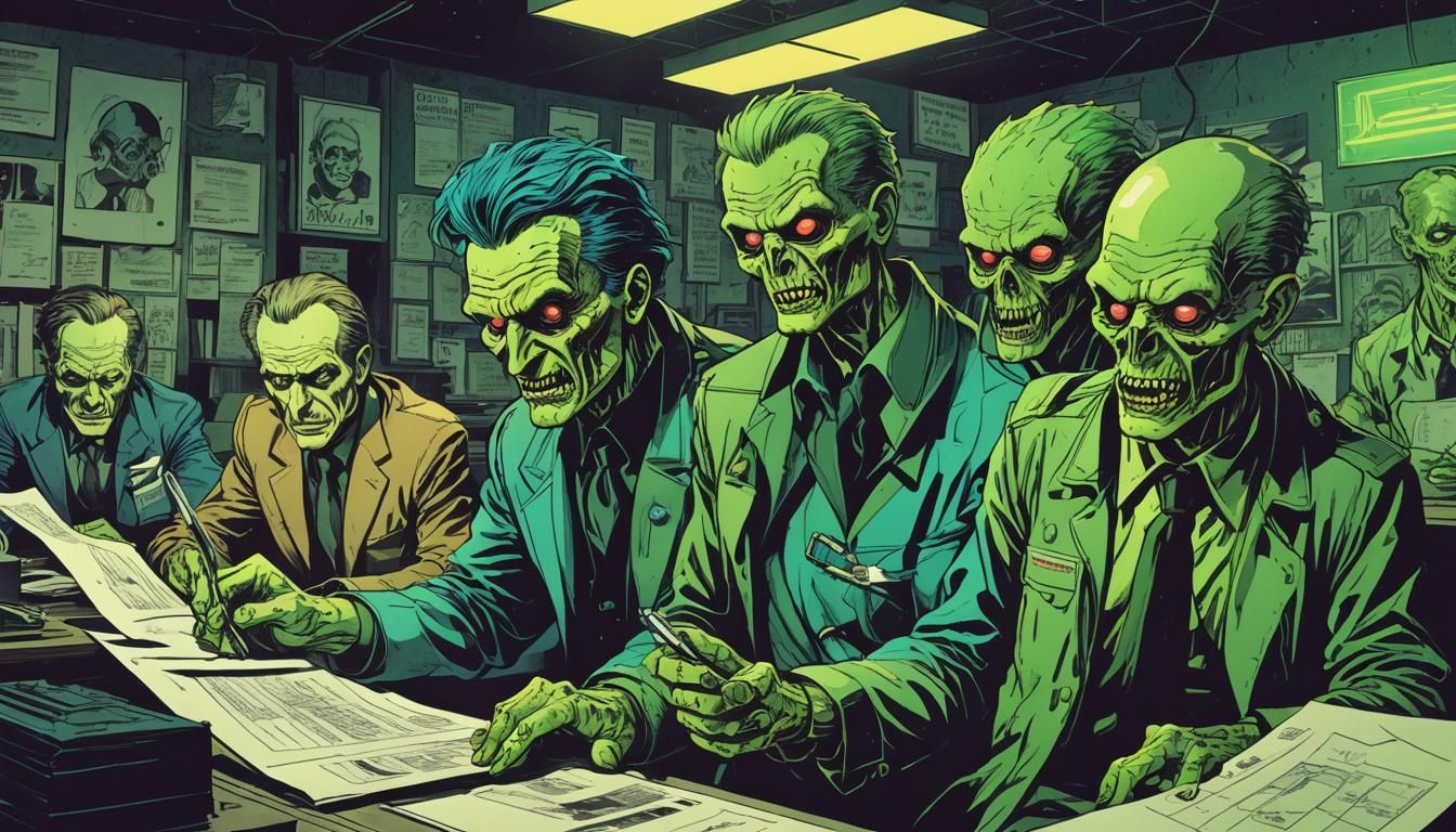 Dystopian Office Scene in Polish Comic Style