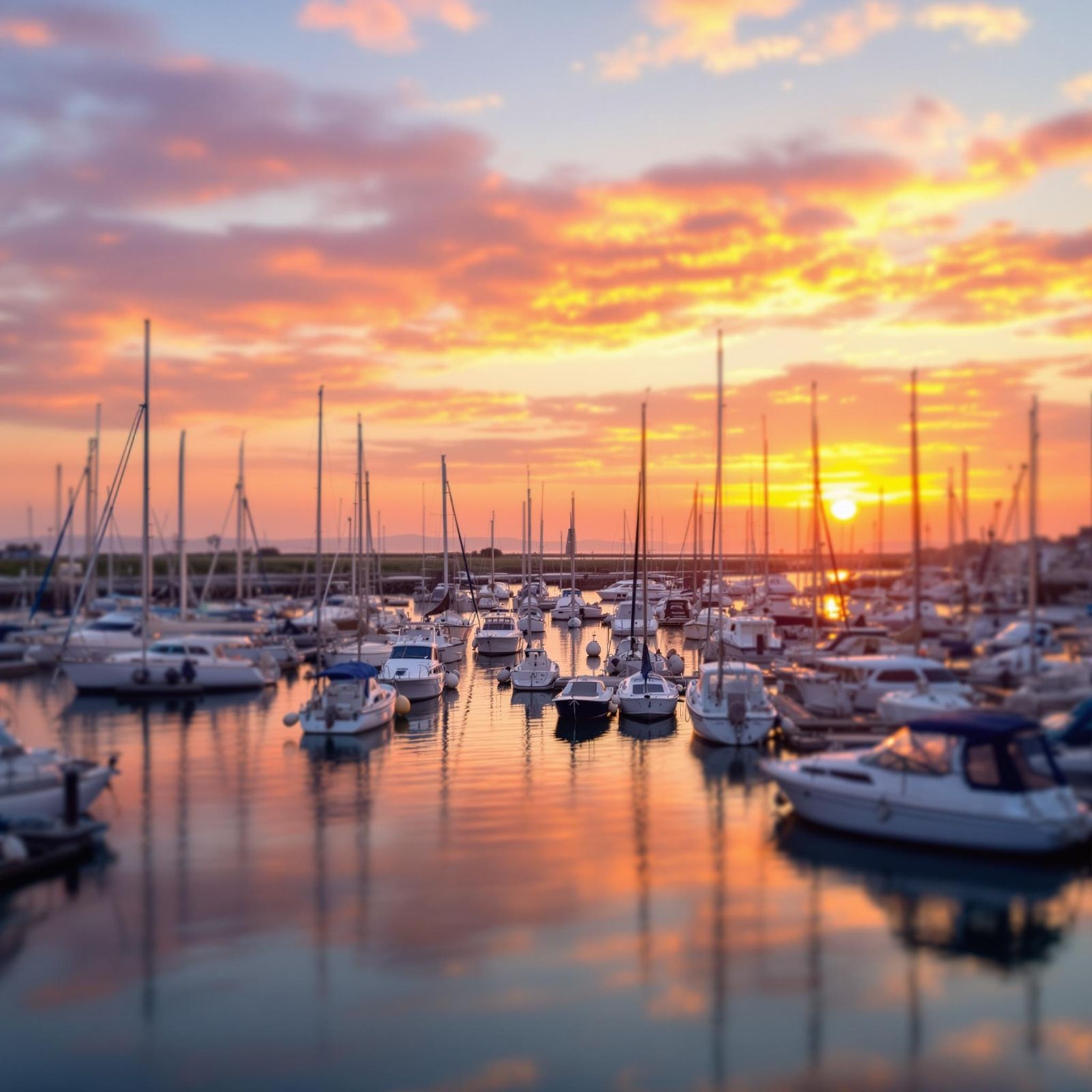 Colorful Sunset Over Boat-Filled Harbor Scene