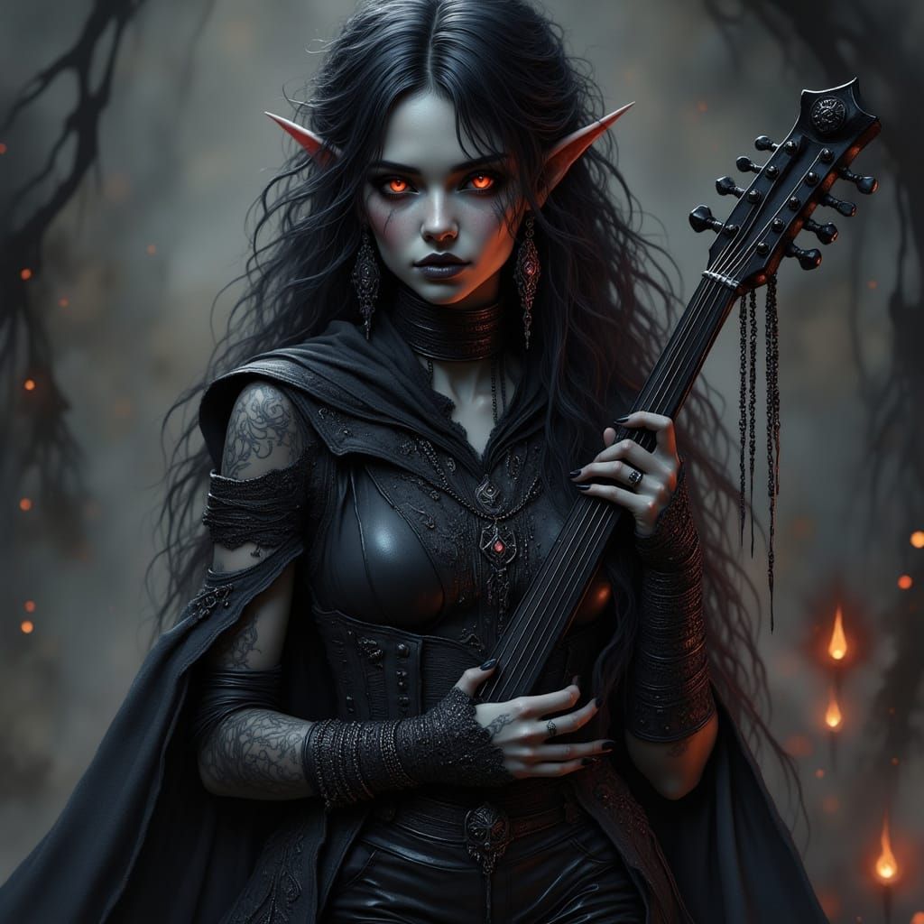 Ethereal Elf Maiden with Crimson Eyes and Dark Tattoos