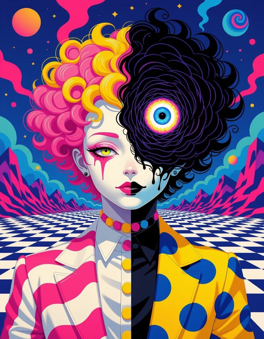 Duality Portrait: Surreal Anime Clown and Vortex