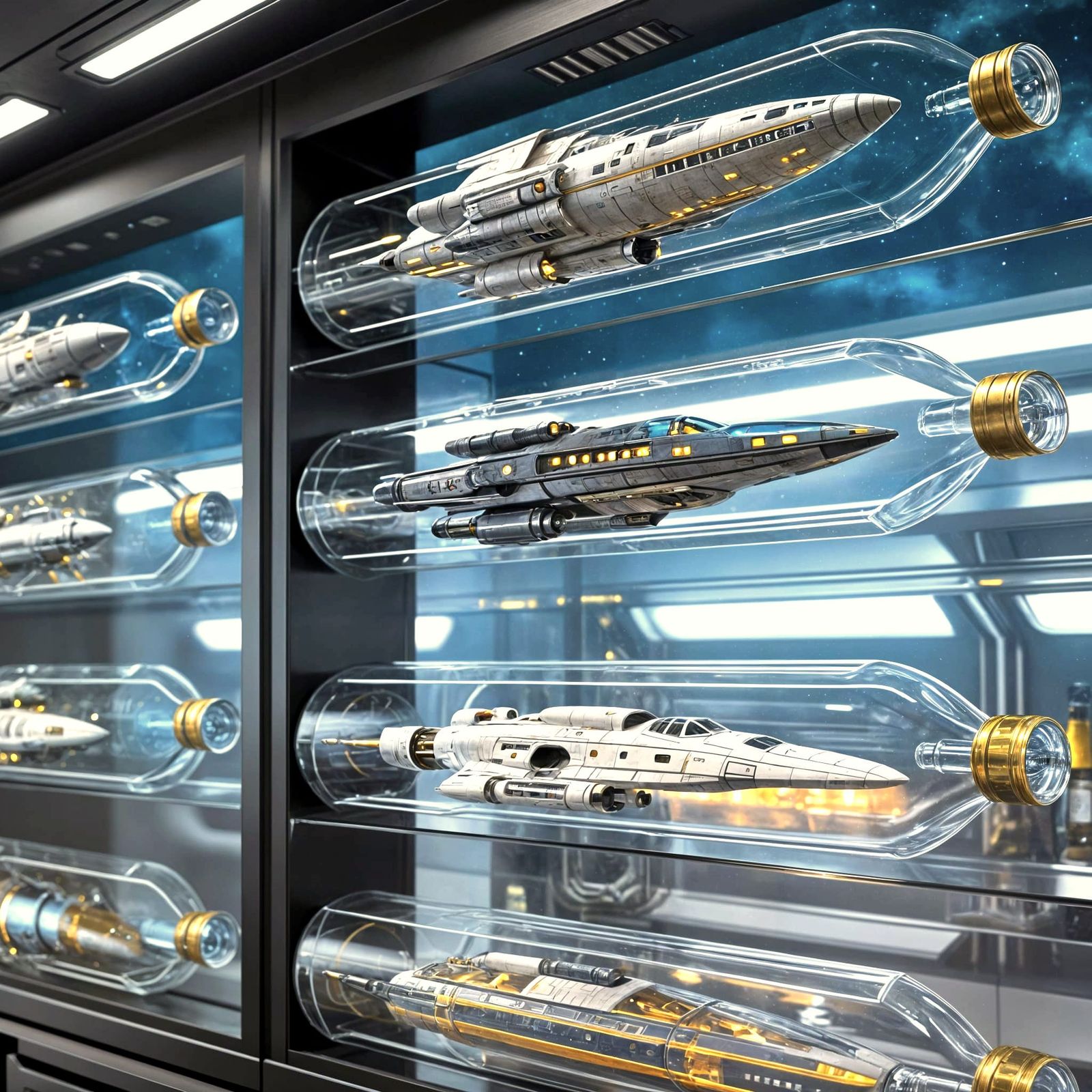 Vintage Sci-Fi Model Ships in Advanced Starship Cabin