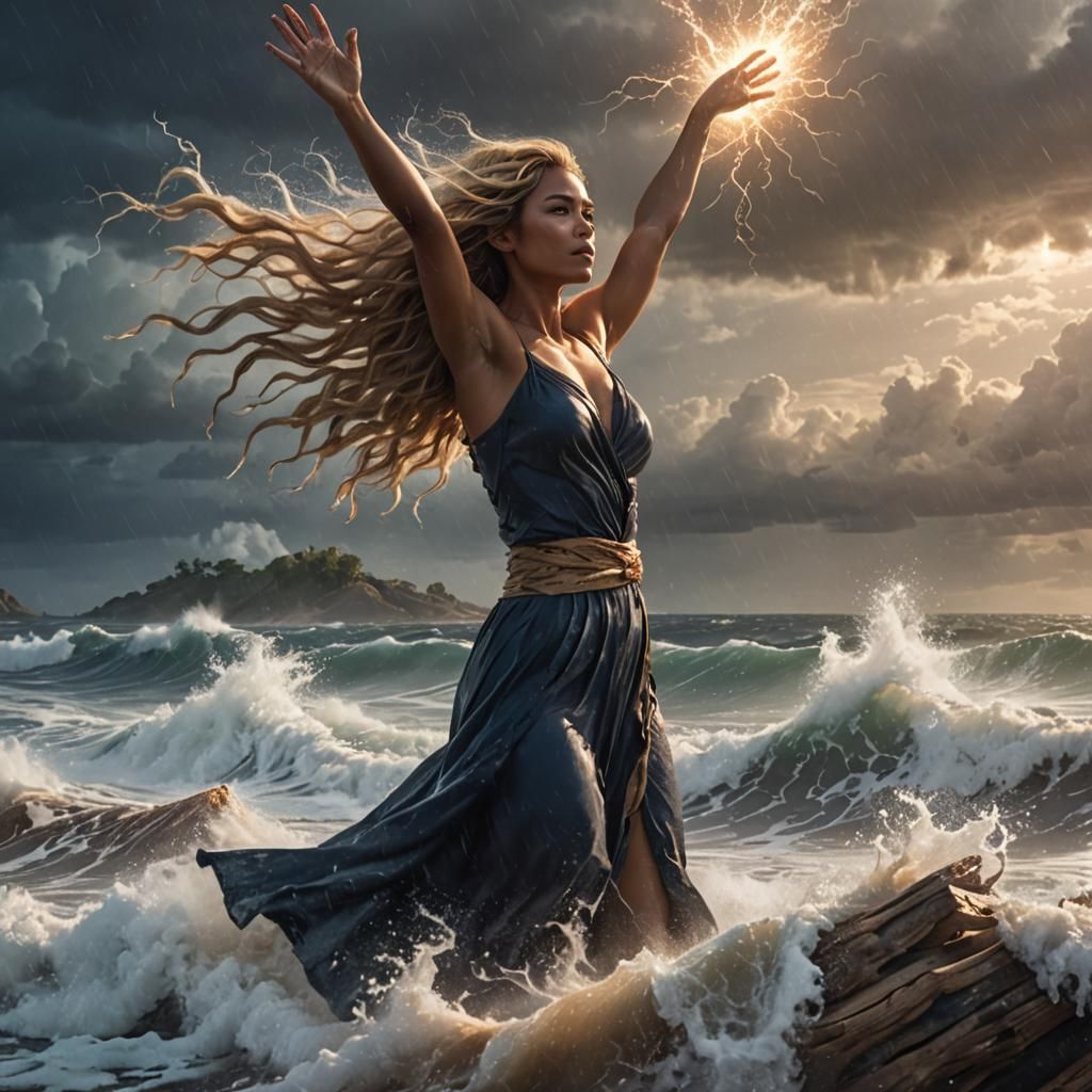 Polynesian Woman Controls Stormy Sea